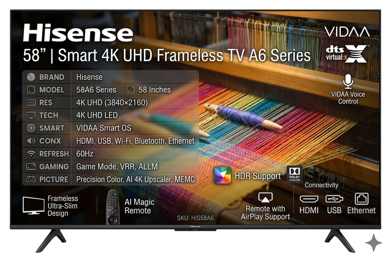 Gemini_Generated_Image_ycz9c8ycz9c8ycz9 (1) Hisense 58 Inch Smart 4K UHD Frameless TV (A6 Series) - Image 1